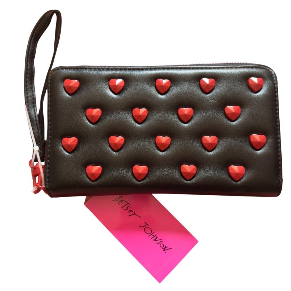 Betsey Johnson Black & Red Heart Studded Wristlet Wallet With Multiple Card Slot